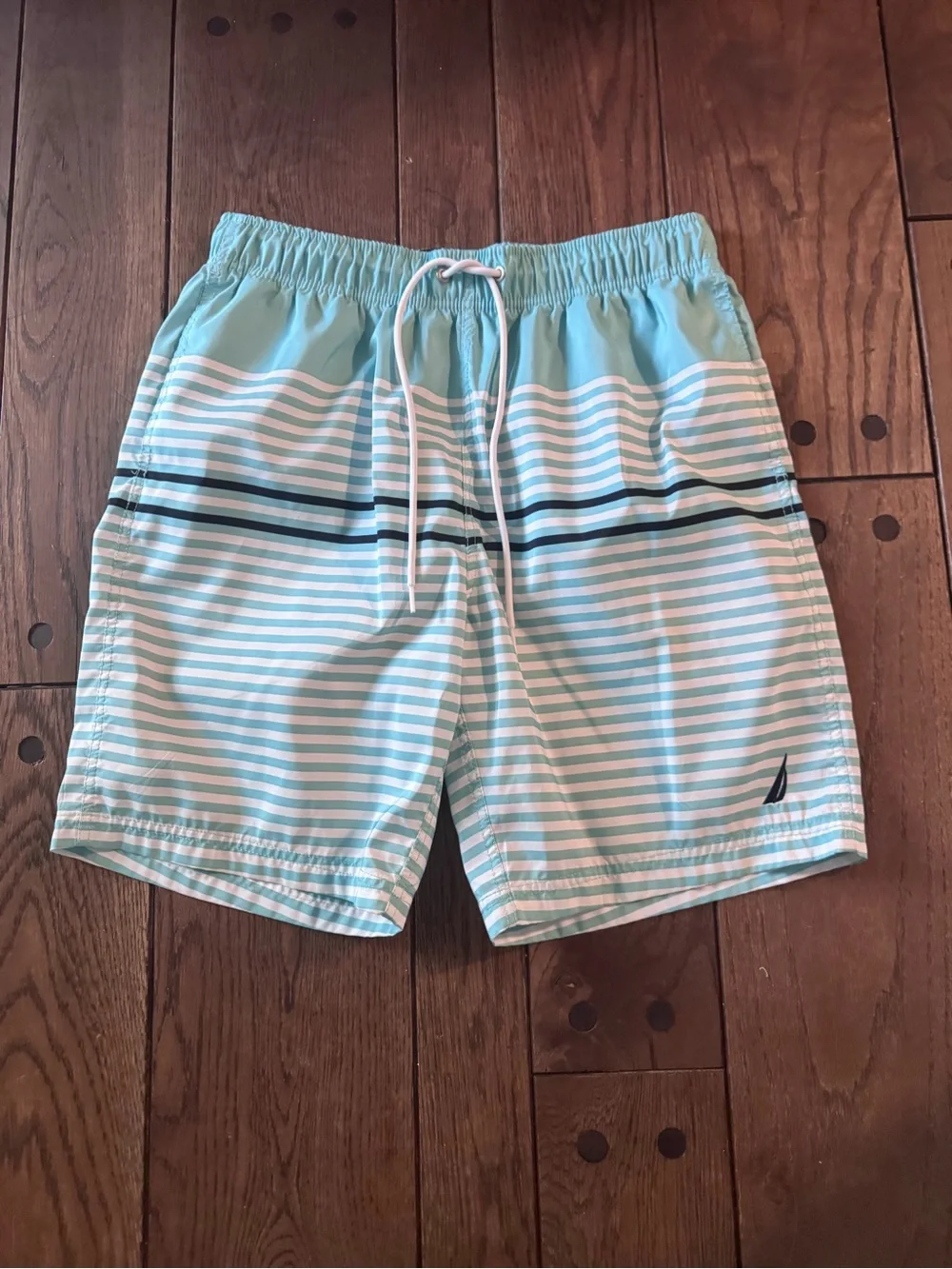 Men's/Nautica Teal and White Striped Swim Shorts